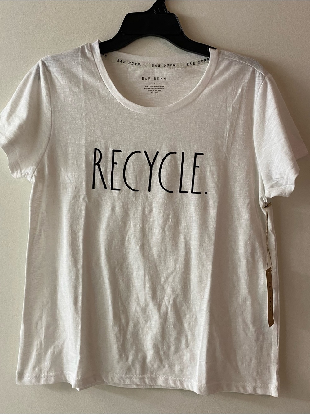 Rae Dunn White Tee with Black “RECYCLE” Graphic